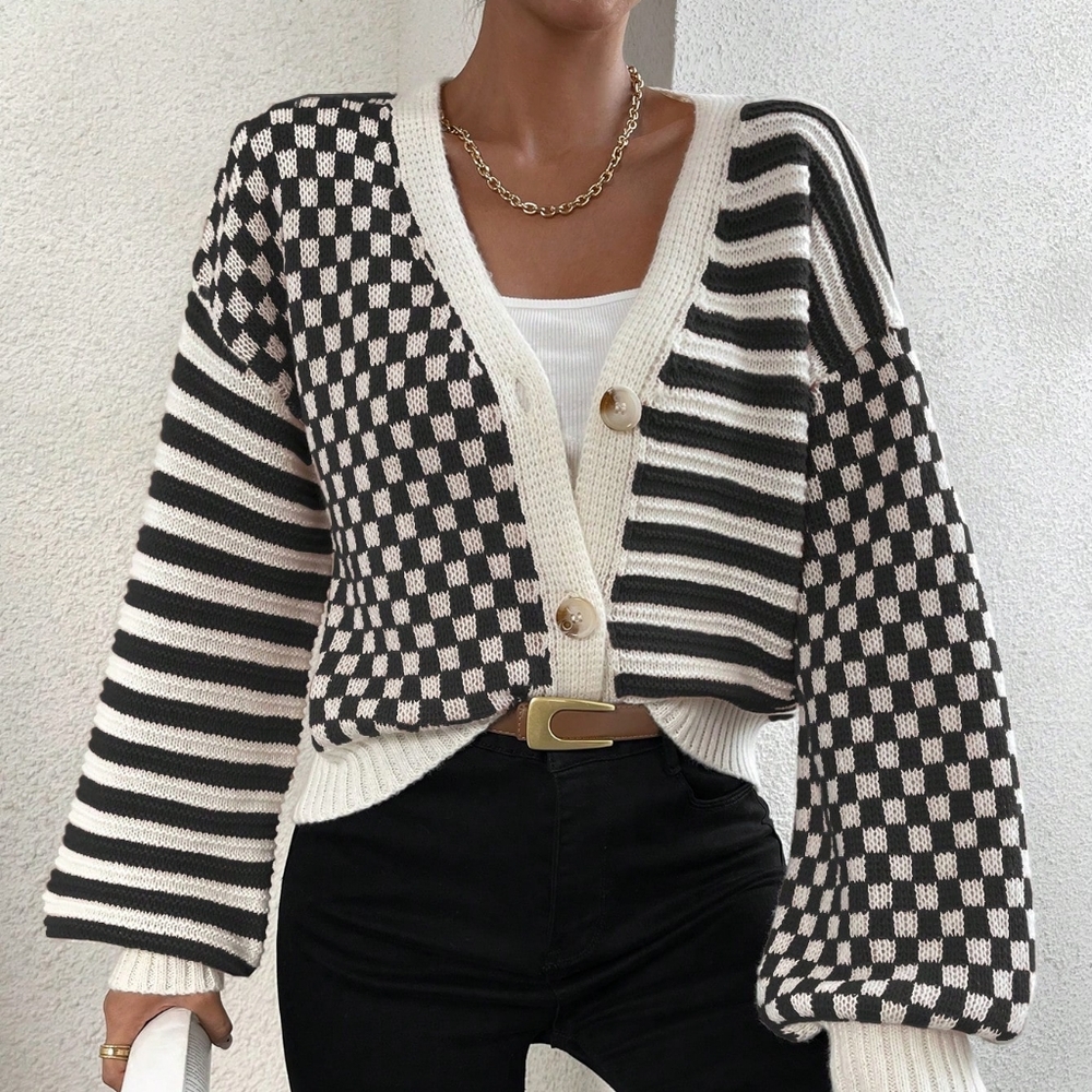 Striped & Checker Pattern Lantern Sleeve Drop Shoulder Cardigan - Picture 4 of 5